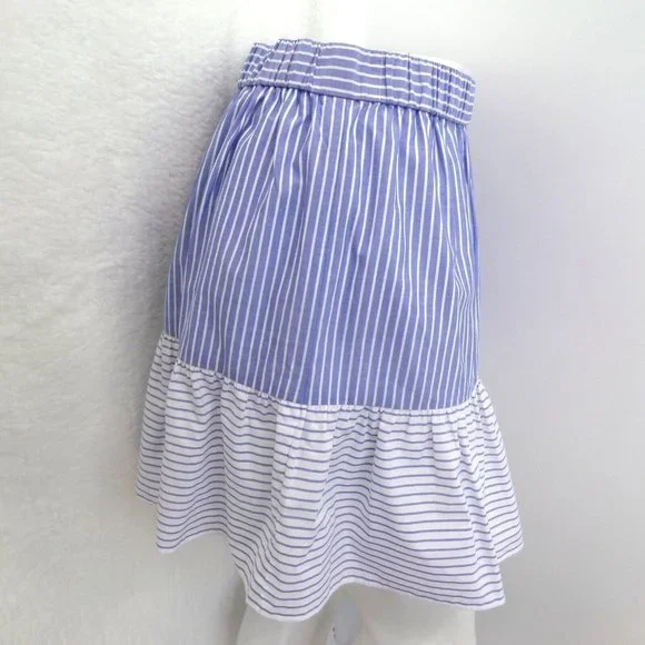 * "LOFT" BLUE & WHITE STRIPED RUFFLED HEM CASUAL COTTON MINI SKIRT SIZE: L NWT - Picture 3 of 5